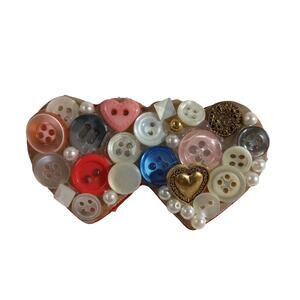 Vintage Handmade Button Love Heart Brooch Pin Large Red Ribbon Trim Valentine